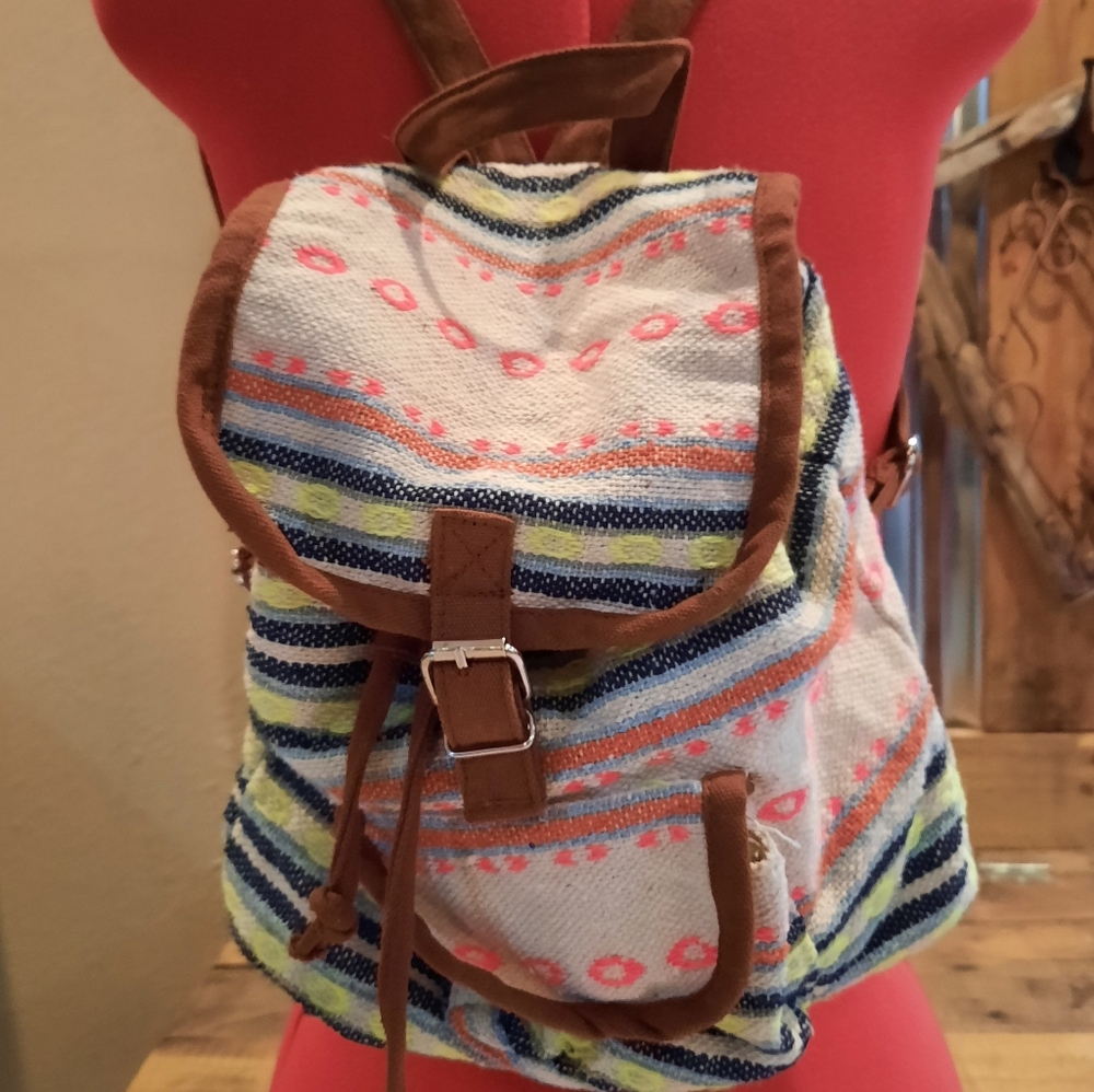 Aztec Backpack Woven fabric drawstring purse striped